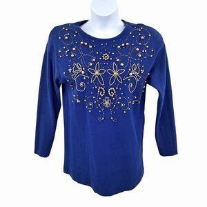 VINTAGE ROYAL BLUE PRONTO GOLD BEAD EMBELLISHED LONG SLEEVE TOP - M